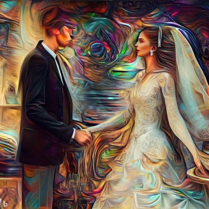 Imagem de um Casal onde o noivo segura a mão da noiva, fundo colorido abastrato