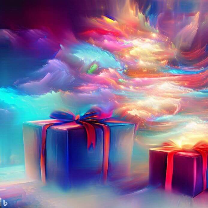 Imagem de duas caixas de presentes com o céu cheio de nuvens coloridas